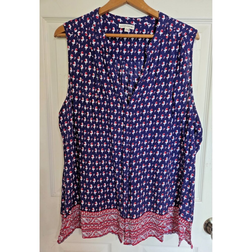 Artisan NY navy white red floral blouse Sz 2X Sleeveless Hidden Buttons